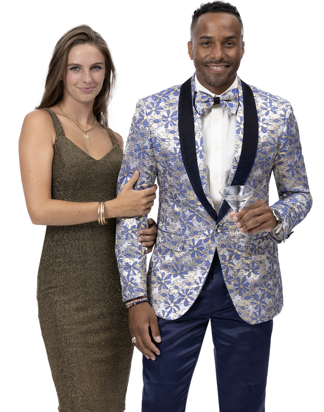 Blue and gold floral prom blazer with navy sparkle shawl lapel by EJ Samuel, style J174