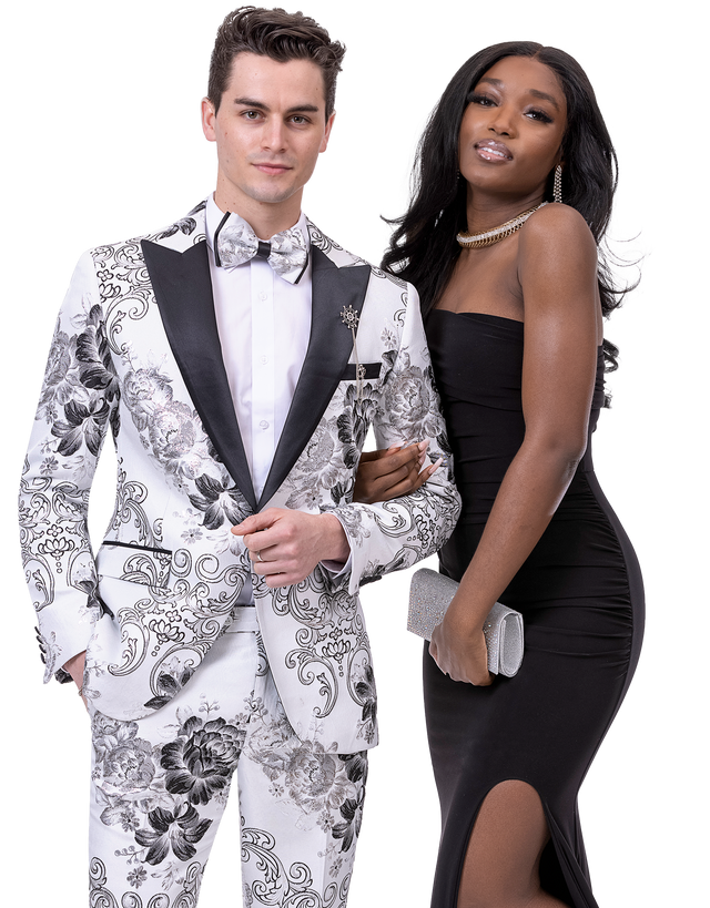 White and black floral print fashion suit with black peak lapels and matching bowtie by EJ Samuel, style JP103
