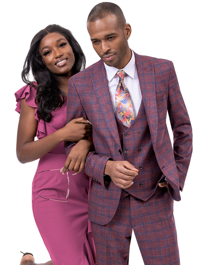 Man in burgundy windowpane 3-piece fashion suit with double-breasted vest by EJ Samuel, style M2761