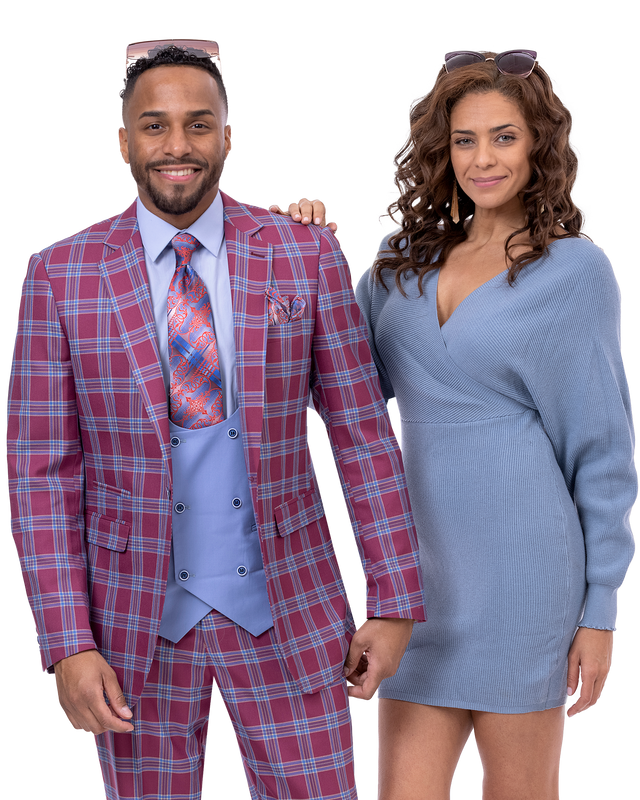 Raspberry plaid 3-piece suit with light blue double-breasted solid vest by EJ Samuel, style M2766