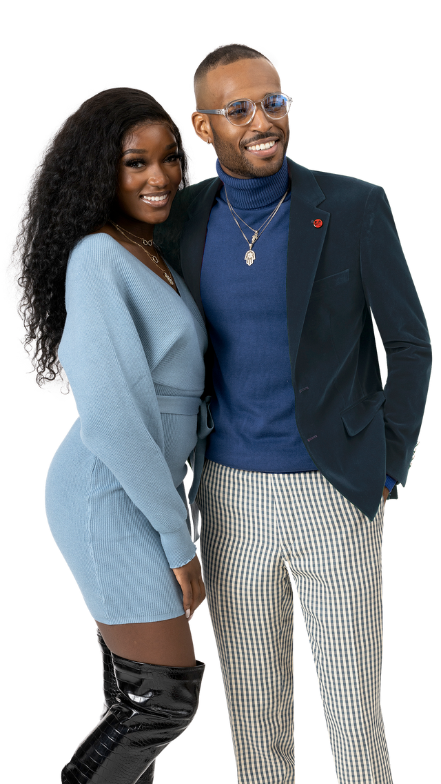 Slate blue and cream check fashion pants by EJ Samuel, style PL49, styled with a dark blazer and blue turtleneck
