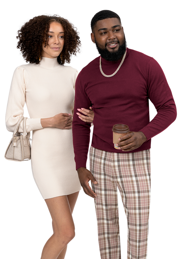 Man wearing burgundy plaid fashion pants with brown and cream checks and a burgundy turtleneck, EJ Samuel style PL54