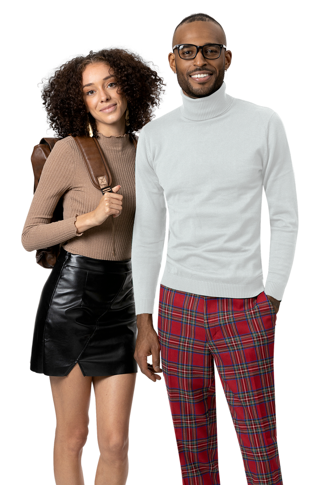 Red/Green plaid fashion pants by EJ Samuel, style PL57, styled with a white turtleneck sweater