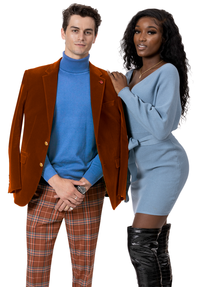 Rust fancy plaid men's pants by EJ Samuel, style PL71, styled with a rust blazer and blue turtleneck
