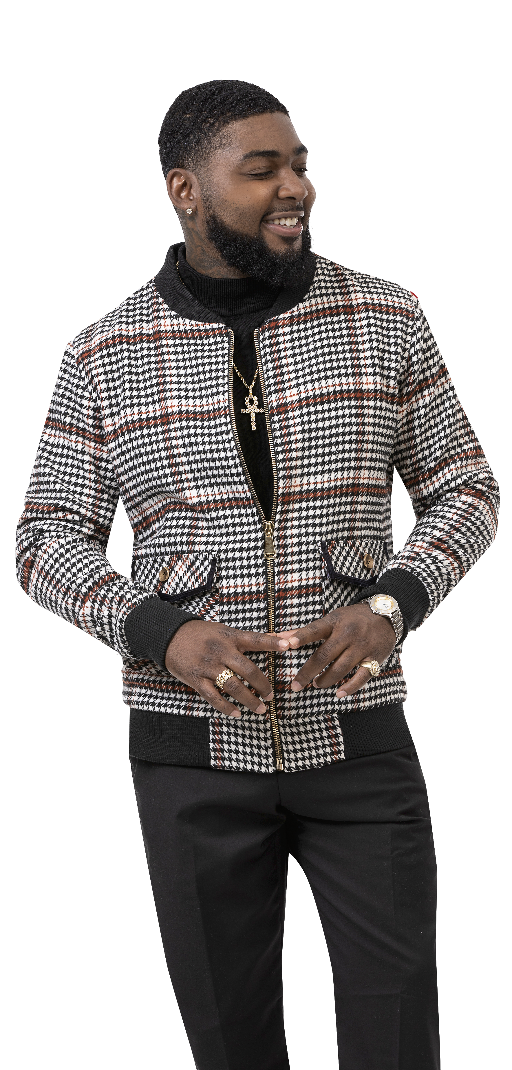 ジャケット・アウター PHENOMENON HOUNDSTOOTH STAND COLLAR JKT CHANEL 17A RUNWAY BLACK WHITE HOUNDSTOOTH SILVER BRAID TRIM
